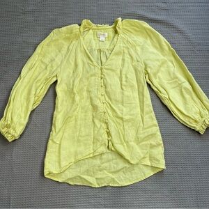 Maeve Audie 100% Linen Blouse XS Puff Sleeve Ruffle Button Up Yellow Boho
